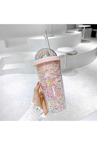 Choice 0.55L pink Double Layers Rainbow Plastic Water Bottle with Straw Korea...