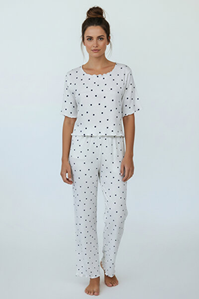 evla Women's White Blue Polka Dot Pajama Set Long Sleeve
