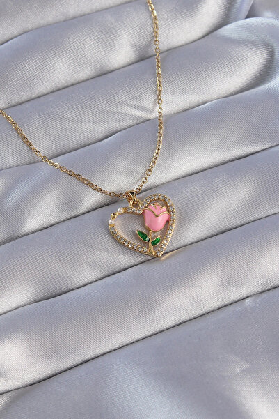 shopwave 316L Çelik Zincirli Gold Renk Zirkon Taşlı Kalp İçinde Pembe Gül Tas...