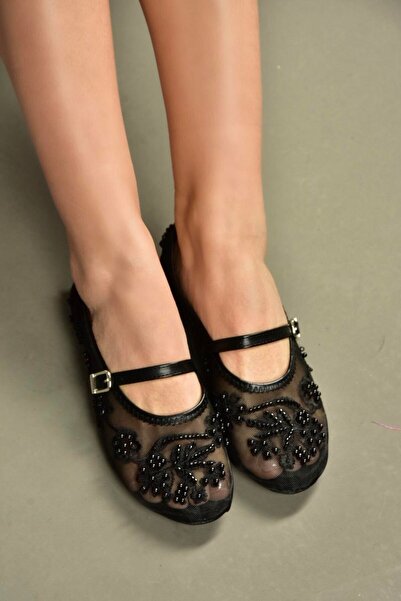 Fox Shoes Y726330115 Black Pearl Detailed Mesh Women's Ballerinas