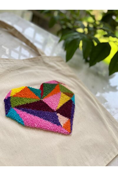 EL YAPIMI Punch Nakışlı Kalpli Omuz Çantası