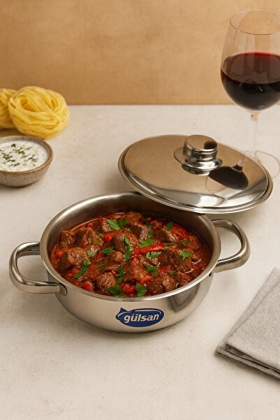 KAMPANYALI Gülsan 24 cm Stainless Steel Flat Pot |   Wide Base Steel Pot |