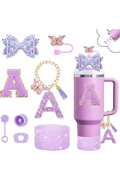Choice A-Purple-bow-8pcs طقم إكسسوارات أكواب 8 قطع، غطاء علوي للشفاطة وغطاء س...