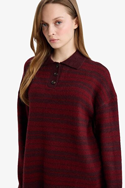 DeFacto Πλεκτό πουλόβερ με ριγέ γιακά πόλο με χαλαρή εφαρμογή G7240AX25CW