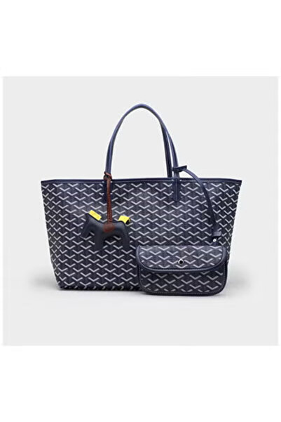 Generic Navy Geometric Pattern Tote Bag with Mini Pouch & Horse Charm