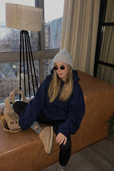 YAKAMEL قميص نسائي أزرق داكن مبطن بالصوف ميشان بقلنسوة كبيرة الحجم بغطاء رأس ...