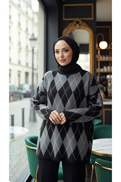 LİBASSİNİ Baklava Patterned Fleece-Lined Oversized Sweater