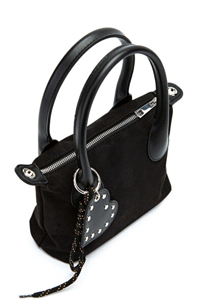 podyumgiyim Heart Charm Detailed Suede Crossbody Bag Black