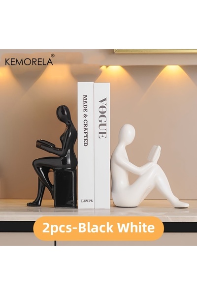 Choice قطعتان - أسود وأبيض، تمثالان من السيراميك من كيموريلا لشخص يقرأ كتابًا...