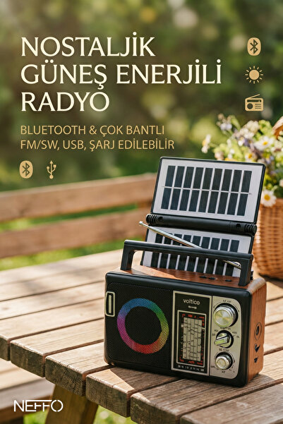 NEFFO Full Band Radyo | Güneş Enerjili, USB Girişli, Bluetooth, Şarjlı ve Kab...