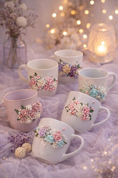 Layda Tasarım Soğuk porselen çiçekli Kupa Bardak