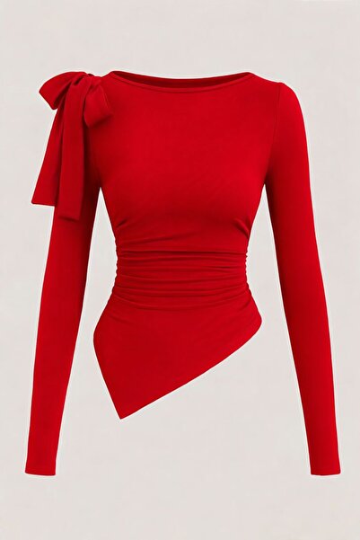 MYCPARL Red Boat Neck Shoulder Bow Soft Fabric Asymmetrical Cut Casual Blouse