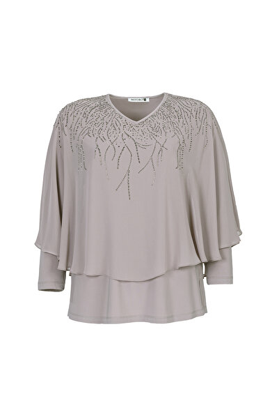 MİYORO Plus Size Women's Blouse with Cape and Stone Detail