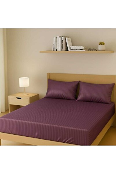 nefisenem Minimal Striped Cotton Satin Plum Color Bed Sheet Set (Including Pi...
