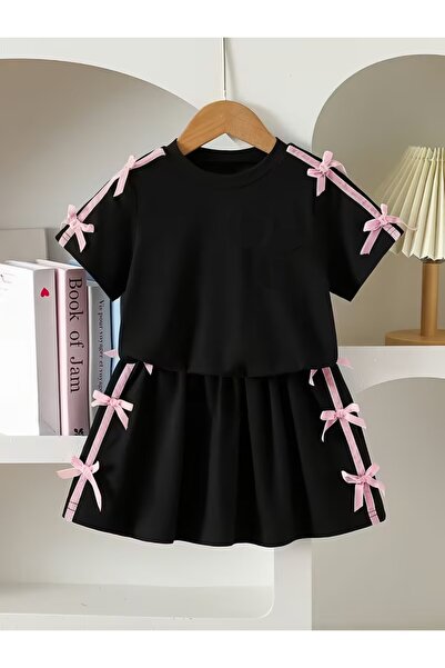 Machetta Girl's New Bow Crop T-Shirt - Skirt Set