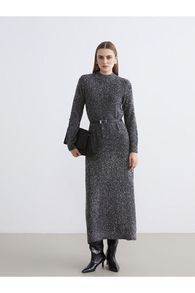 LC Waikiki Anthracite Belted Mock Neck Knitwear Dress