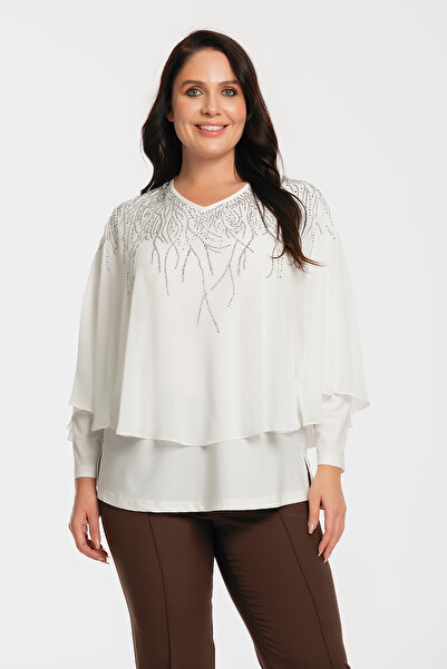 MİYORO Plus Size Women's Blouse with Cape and Stone Detail