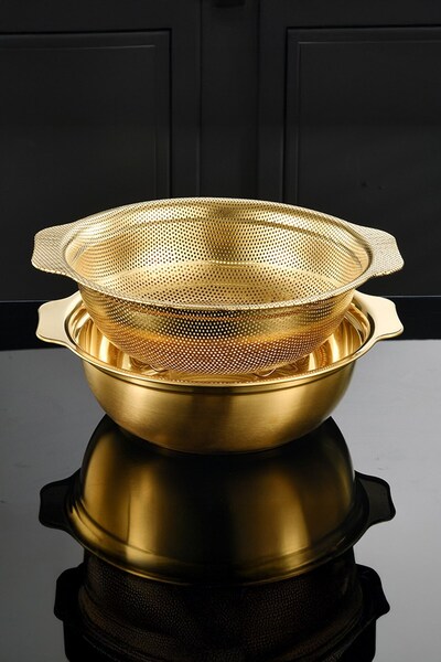Qerhome Gold Stainless Steel Mixing Bowl and Strainer 2-Piece Luxury Set 27 cm