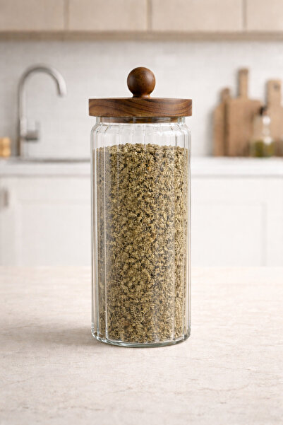 Kitchen Way Acacia Gasket Lid Striped Borosilicate 1200ml Jar Kw-763