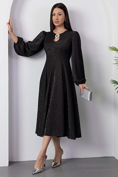 PULLIMM Front Pleated Glitter Collar Brooch Dress 2025-4415