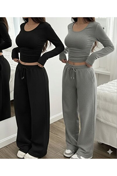 cavın Kadın 2'li paket siyah gri rahat geniş kalıp düz paça eşofman altı