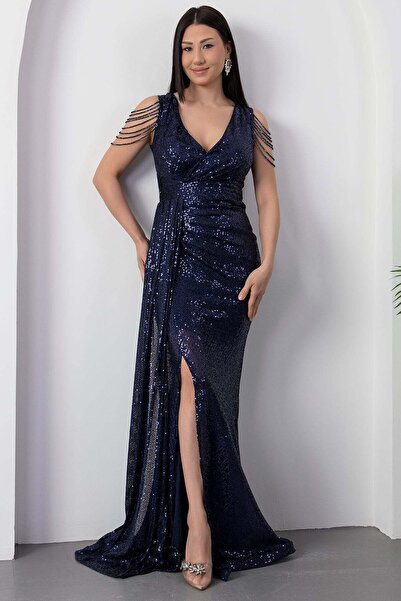 PULLIMM Double-Breasted Collar Shoulder Tassel Pulpayet Dress 4108