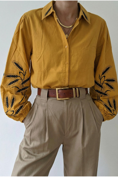 FEMELLE Women's Mustard Balloon Sleeve Cuffs Gathered Embroidered Shirt