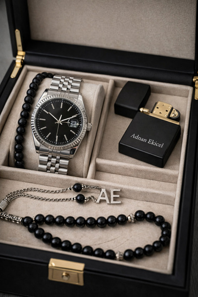 pierrose Erkek Metal Kordon Siyah Kadran Kol Saati Bileklik Tesbih Ve İsim Ya...