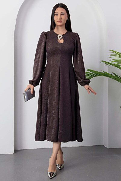 PULLIMM Front Pleated Glitter Collar Brooch Dress 2025-4415