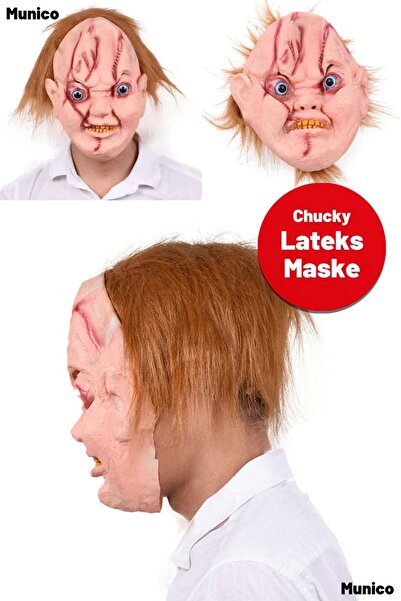 Munico Silikon Chucky Bebek Korku Maskesi – Saçlı, Yetişkin Boy Halloween Kos...