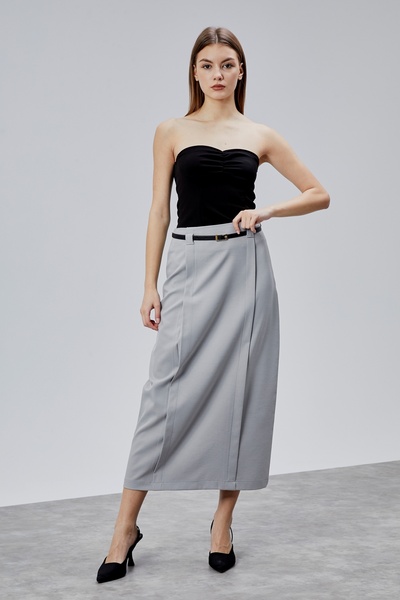 Bolivente Gray Belted High Waist Pleated Pencil Skirt