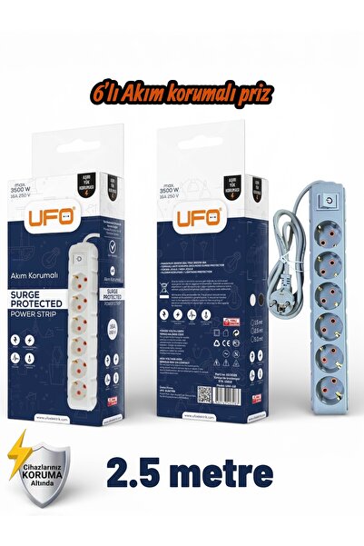 UFO Akım Korumalı 2.5 mt Kablolu Grup Priz Max 3500W 16 Amper Aşırı Yük Korum...