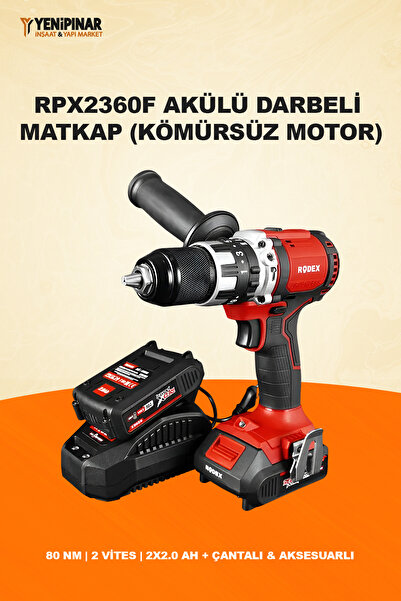 Rodex RPX2360F Akülü Matkap 20V 13mm Kömürsüz Darbeli |80 Nm| 2 Vites | Çanta...