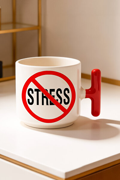 BB TRADE No Stress Designed Red T-Handled Ceramic Printed Mug Cup 250 ml
