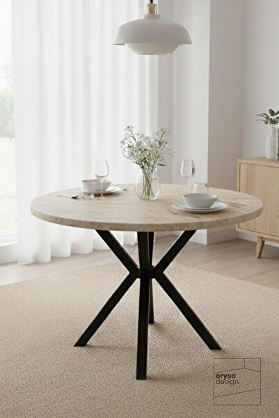 Orysa Design YM-1 Metal Ayaklı Yuvarlak Masa 90 cm - Traverten