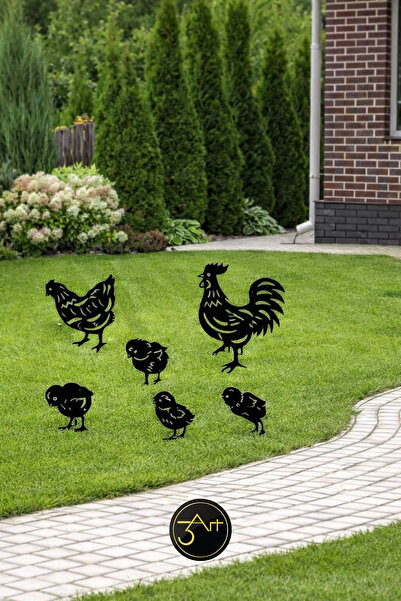 3art Metal 5'li Dekoratif Tavuk Ailesi Bahçe Dekorasyon Seti - Bahçe Süsü - Ç...