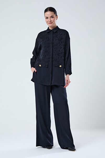 Jupe Kadın Cepli Jakarlı İpek Kupra Takım 8596