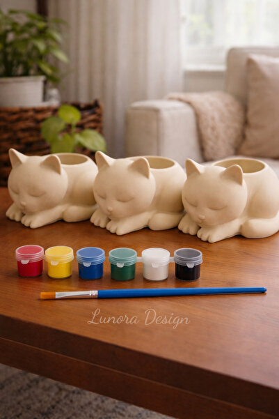 Lunora Design Taş Tozu Kedi Figürlü Boyanabilir Saksı & Biblo Seti – 3’lü + 6...