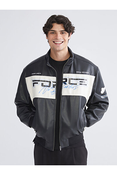 LC Waikiki Black Standard Mold Stand Collar Men's Leather Look Coat