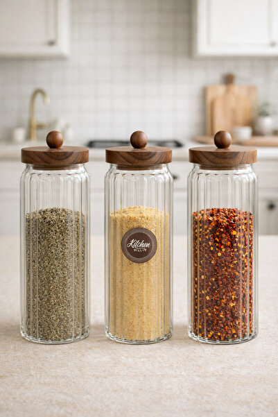 Kitchen Way Acacia Gasket Lid Striped 3-Piece Borosilicate 1500ml Jar Set Kw-764