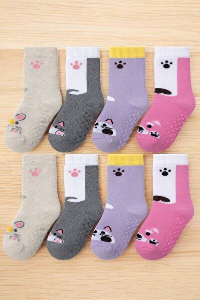 tibo 8 Pairs of Abs Anti-Slip Patterned Winter Thick Terry Girls' Socks