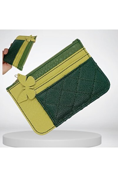 OEM Women's Leather Card Holder, Green-Yellow
