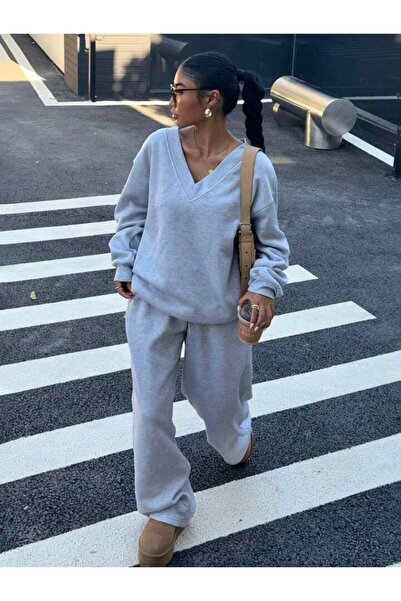 Machetta Women's V-Neck Sweatshirt Sweatpants 3 Thread Double Set