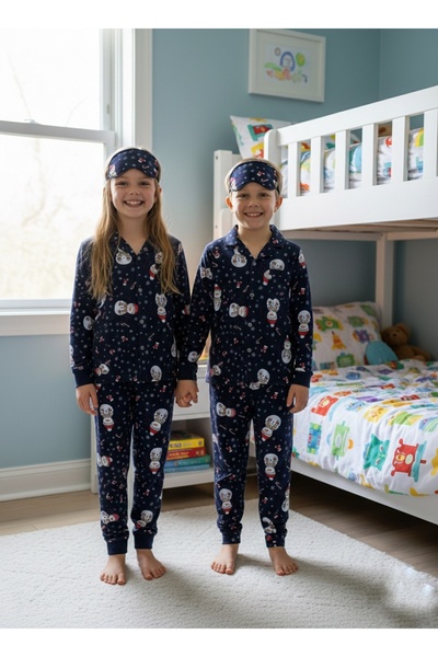 Enie Girl-Boy Children's Navy Blue Cotton Snowman Patterned Piped Buttoned Pa...