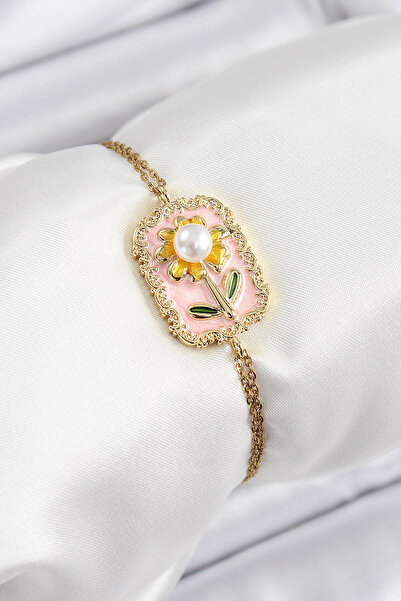 blackpure 316L Steel Chain Pink Enamel Artistic Portrait Pearl Detailed Daisy...