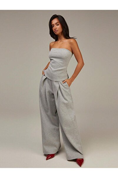 Afri Women's Gray 2-Piece Strapless Bustier and Wide-Leg Pleated Pants Set - ...