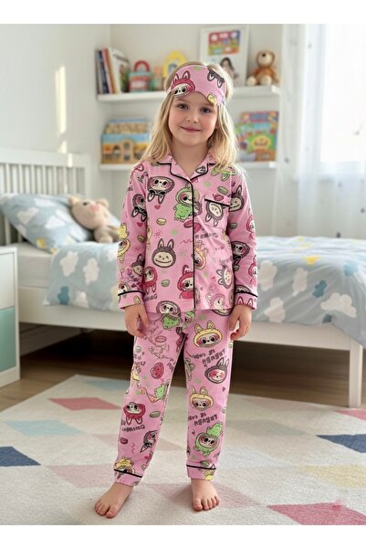 Enie Girls' Cotton Piped Labubu Patterned Long Sleeve Buttoned Pajama Set wit...