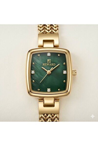 Reward Kadın Kol Saati | 22 mm Altın Renk Çelik Kasa, Yeşil Kadran, Mineral C...