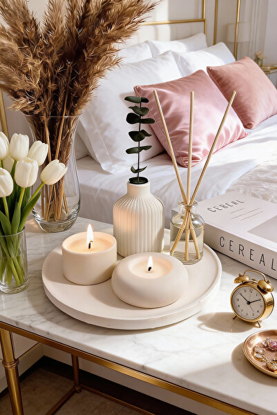 Fitruka Dekoratif 5’li Mum ve Oda Kokusu Seti – Çizgili Seramik Vazo & Tealig...