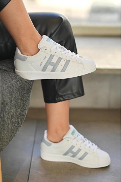 SOLAZER Women's White Blue Line Detailed Orthopedic Sneaker 059-K